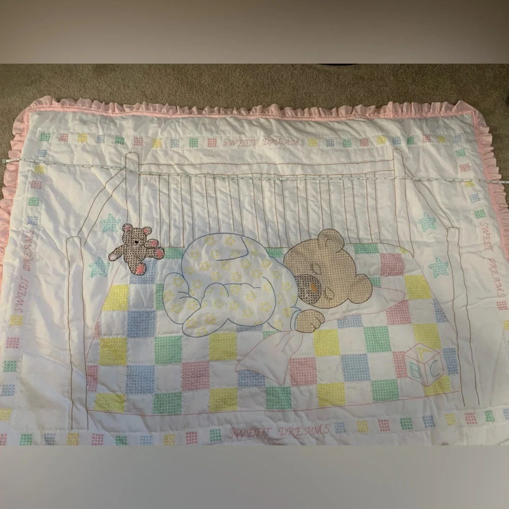 Homemade Pink and White Baby Quilt with Bear Design